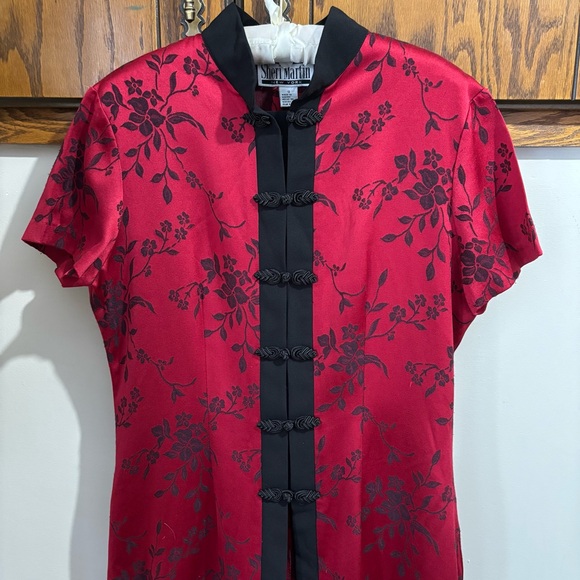 Sheri Martin Vintage Red & Black Floral Qipao Cheongsam Long Jacket Cape Size 12 - Picture 10 of 12